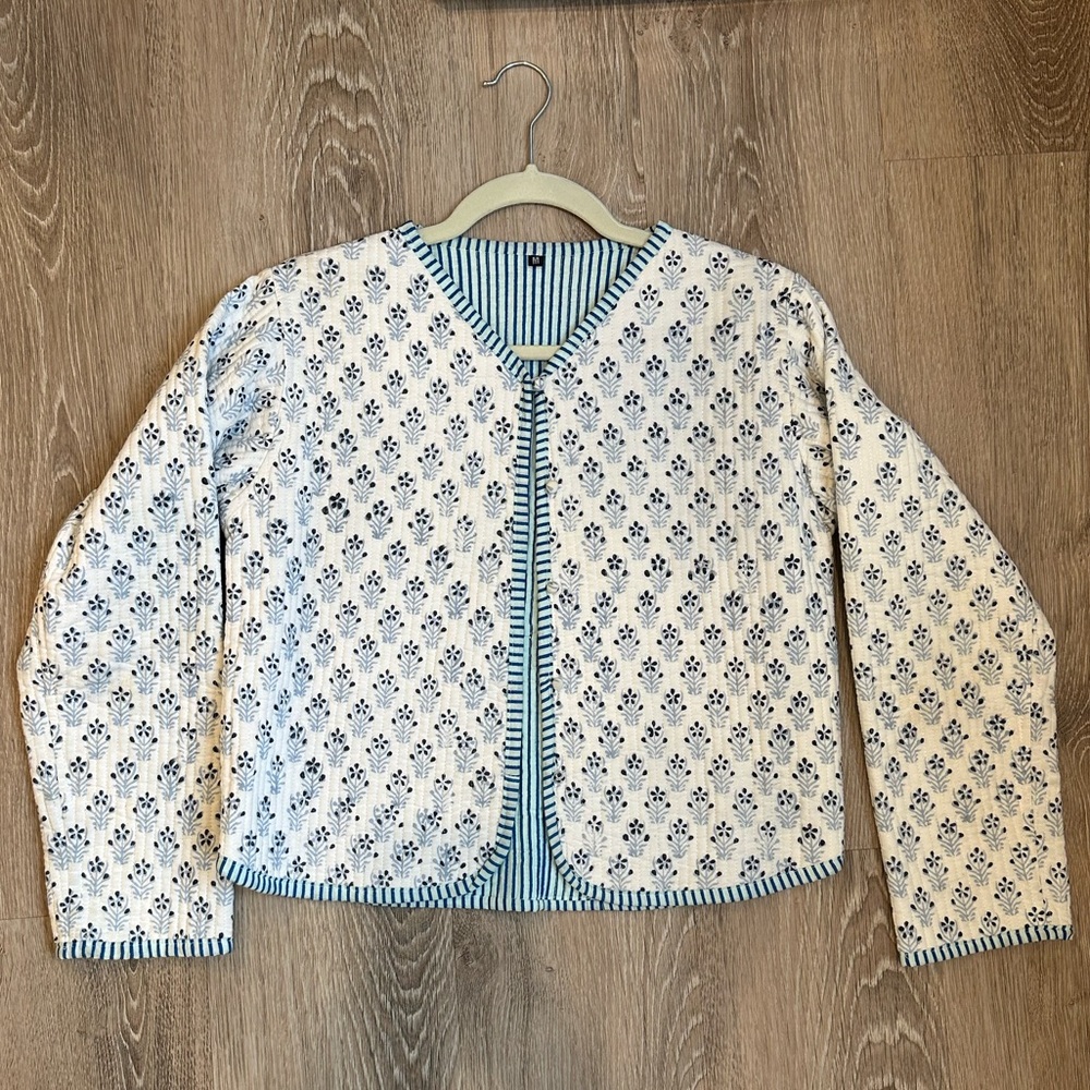 Quilted Floral Jacket with Striped Trim